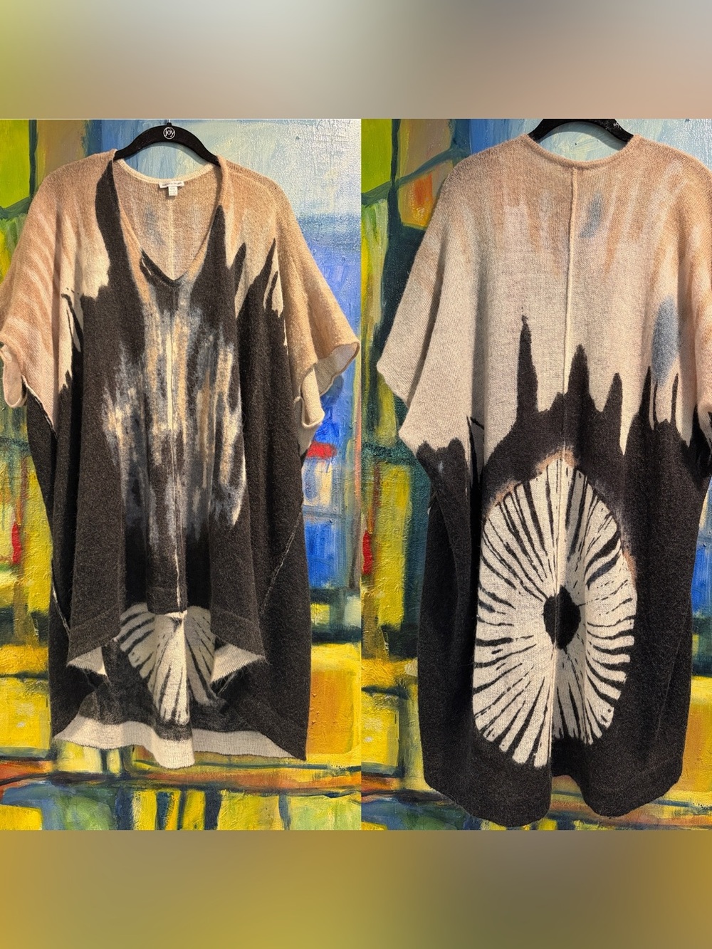 Rebecca Elliot Abstract Pattern Oversized Poncho Sweater - Black Blue & Cream